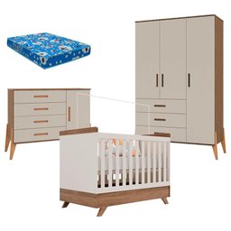 Quarto de Bebê Emilly 3 Portas e Berço Americano Retro Vitória Off White Carvalho com Colchão Ortobo - 1