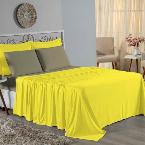 Jogo de Cama Casal Viúva Nobre 4 Peças Malha 100% Algodão - Amarelo / Avelã