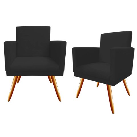 Kit 2 Poltronas Decorativa Bia Suede Preto Pés Madeira Ms Decor