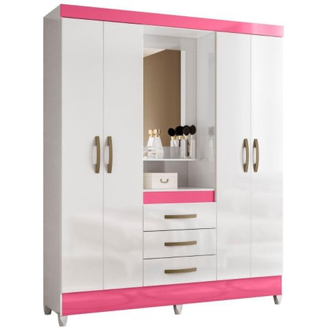 Guarda Roupa Capri com Espelho 4 Portas Branco Rosa Flex Moval
