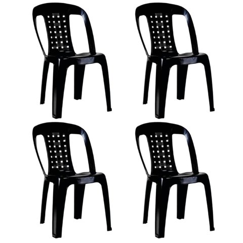 Kit 4 Cadeiras de Plástico Preta com Encosto Vime Empilhável
