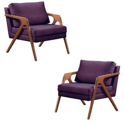 Kit 02 Poltronas Decorativas Madeira Maciça Luxo Itália - Zahav Estofados:Suede Vinho - 1