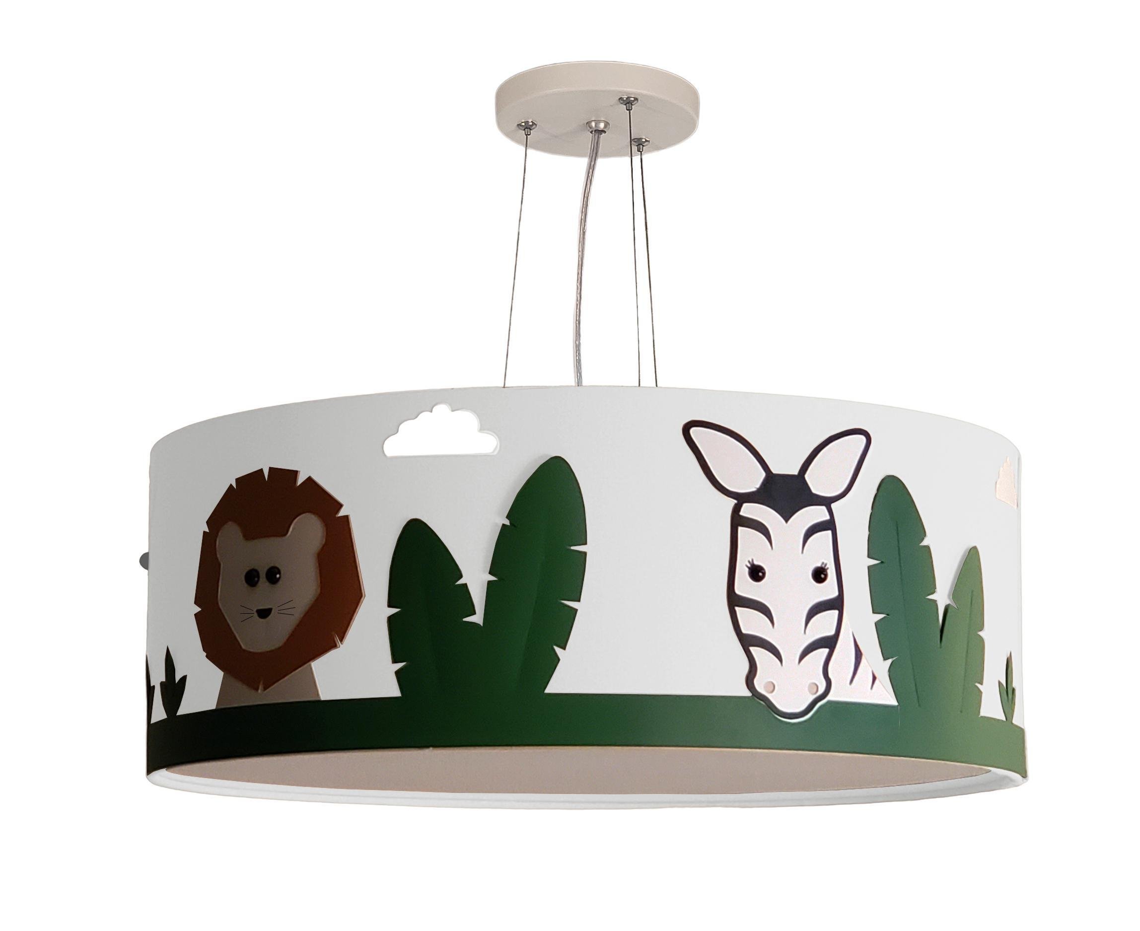 Lustre Infantil Pendente Safari Cúpula Branco Tecido 40X15Cm - 1