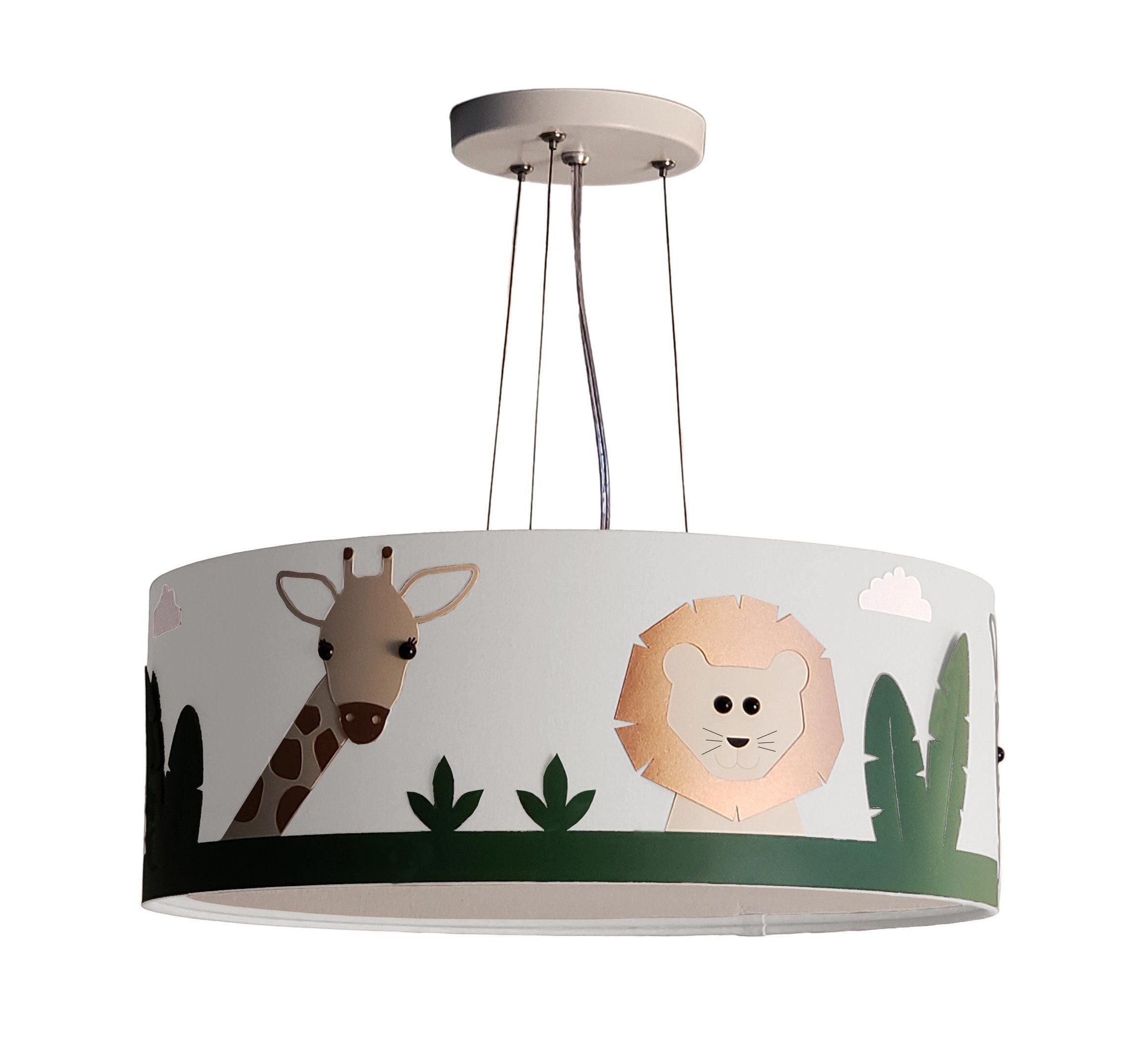 Lustre Infantil Pendente Safari Cúpula Branco Tecido 40X15Cm - 2