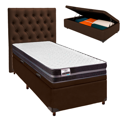Conjunto Cama Box Bau Marrom Solteiro + Colchão Molas Ultralastic Bogota Inducol + Cabeceira
