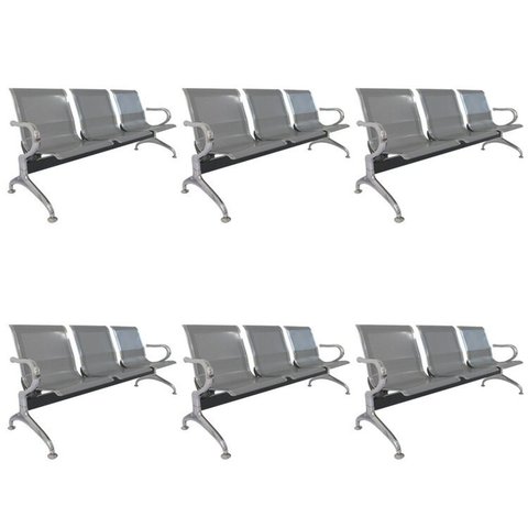 Kit 6 Cadeiras para Escritório Longarina 3 Lugares Aço Inox Dubai Cinza