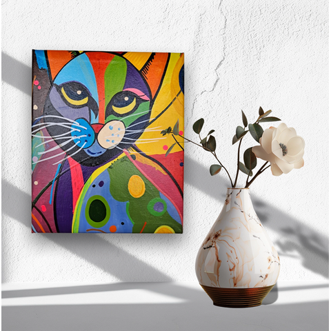 Mini Quadro  Artesanal Decorativo com Gatinho Pintado a Mão 30x25cm