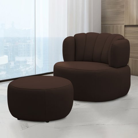 Conjunto Sala de Estar Decorativo Mariele Poltrona Base Giratória em Aço com Puff Couro Marrom Choco