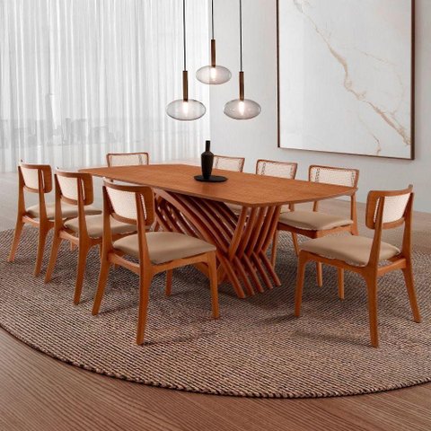 Conjunto de Jantar Venus 8 Lugares com Cadeiras Viena Estofadas Imbuia 220cm Moderna