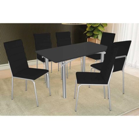 Conjunto: Mesa Sala Jantar Elba Tampo Madeirado C/ Vidro 160cm e 6 Cadeiras Amsterdã Cromada/preto