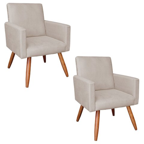 Kit 2 Poltronas Nina Veludo Bege Pés Palito Castanho - Slk Decor