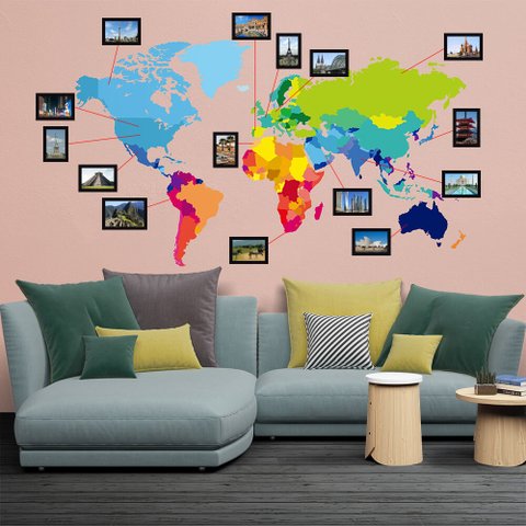 Adesivo de Parede Mapa Mundi Colorido com Molduras Arte Destaque 1,70 X 0,95 Metros
