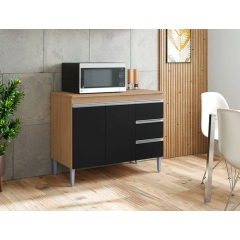 Balcão Gabinete para Pia 100cm sem Tampo 2 Portas 3 Gavetas Andréia Cor Amendoa/preto