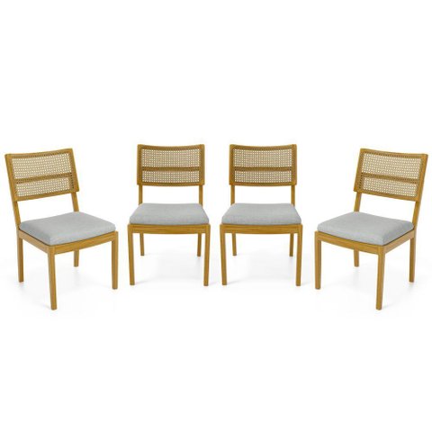 Kit com 4 Cadeiras Milena Madeira Maciça Assentos Estofados Encostos de Tela Palha Sextavada Linho C