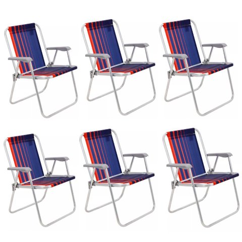 Kit com 6 Cadeiras de Praia Alta Tramontina Samoa Alumínio Azul e Laranja