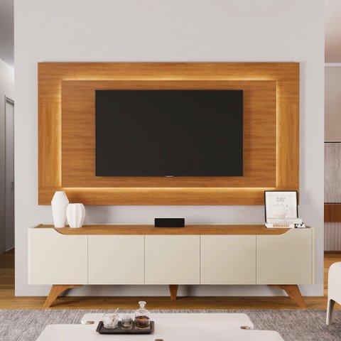 Conjunto Painel + Rack Atenas Painel Naturalle Rack Off White/Naturalle 220 cm Mavaular