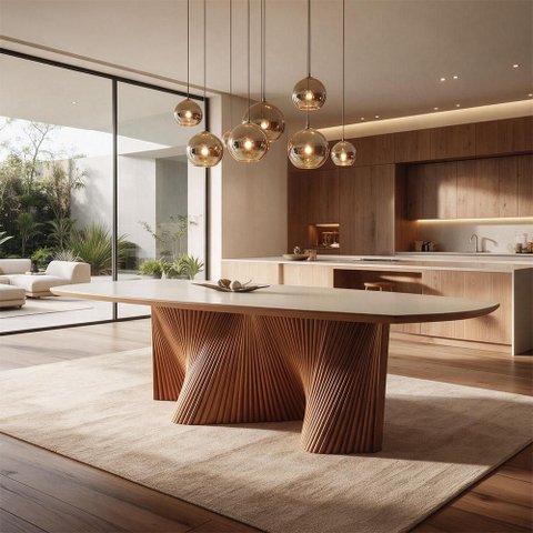 Mesa de Jantar 8 Lugares Retangular com Vidro Base Ripada 220cm Rigon B05 Canela Off White - Lyam