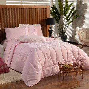 Kit Edredom Liso Florença Guipir Dupla Face King 03 Peças - Percal 200 Fios Dourados Enxovais Rosa