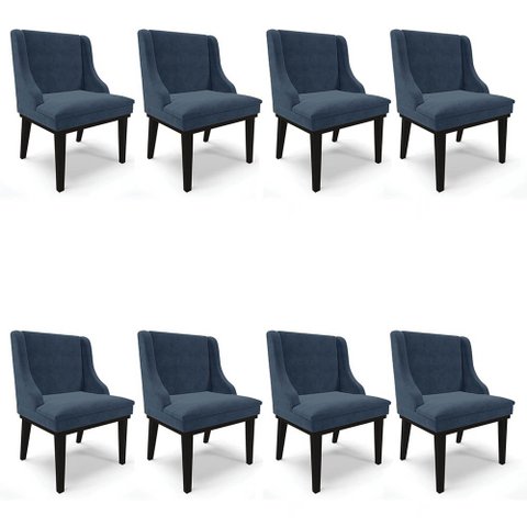 Kit 8 Cadeiras Estofadas para Sala de Jantar Base Fixa de Madeira Preto Lia Suede Azul Marinho - Ibi