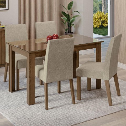 Conjunto Sala de Jantar Mesa Tampo de Vidro 4 Cadeiras Rustic/imperial Antônia Madesa