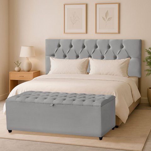 Cabeceira Solteiro Paris Estofada Painel com Recamier Baú 80cm para Cama Box Cinza - Arkell