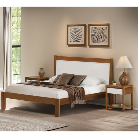 Cama de Casal em Madeira Maciça Modena Marrom/Amêndoa/Branco