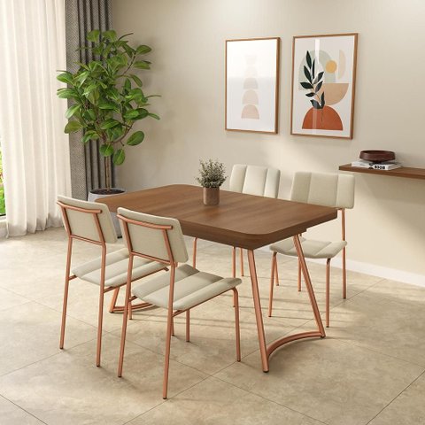 Conjunto Sala de Jantar 4 Cadeiras Flor de Lis Carraro Nogal Rosê