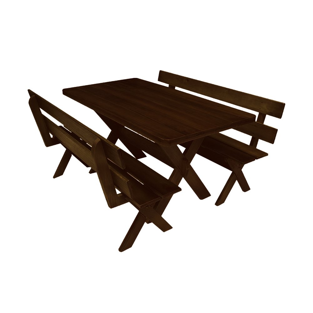 Conjunto Mesa 1,6m e 2 Bancos Com Encosto Madeira Maciça Eucalipto:Tabaco