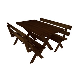 Conjunto Mesa 1,6m e 2 Bancos Com Encosto Madeira Maciça Eucalipto:Tabaco