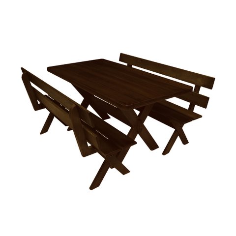 Conjunto Mesa 1,6m e 2 Bancos Com Encosto Madeira Maciça Eucalipto:Tabaco