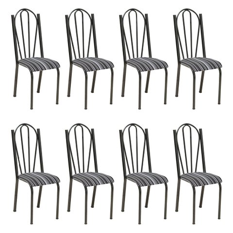 Kit 8 Cadeiras de Cozinha Alasca Estampado Preto Listrado Pés de Ferro Cromo Preto - Pallazio