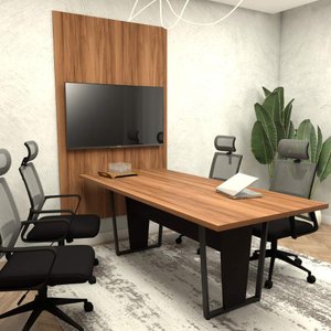 Conjunto Escritório Mesa 2,00m Pé Metal Painel P/ Tv Ng F5 Cor:nogal com Preto