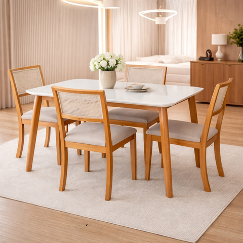 Kit 4 Cadeiras de Jantar Palha Estofadas Veludo Bege Encosto Tela Sextavada Rubi Madeira Maciça Mel