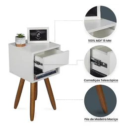 Conjunto 2 Mesinhas de Cabeceira Retrô 30cm Branco Gaveta e Nicho Pés Palito - Enviamos Montado - 4