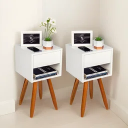 Conjunto 2 Mesinhas de Cabeceira Retrô 30cm Branco Gaveta e Nicho Pés Palito - Enviamos Montado - 5