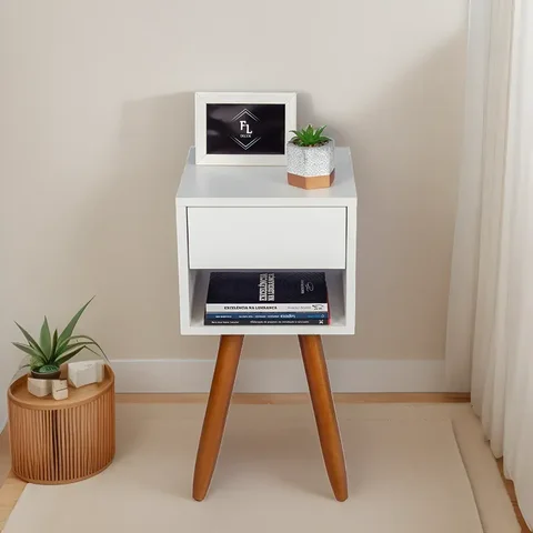 Conjunto 2 Mesinhas de Cabeceira Retrô 30cm Branco Gaveta e Nicho Pés Palito - Enviamos Montado