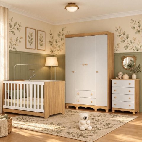 Quarto de Bebê Completo com Berço Americano 3 em 1 e Colchão Incluso Flor Multimóveis MP4946