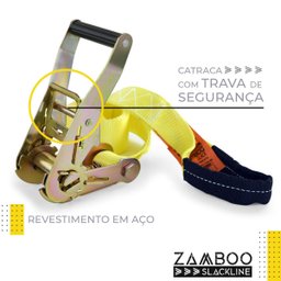 Slackline Zamboo Kit Actionline 20m X 50mm Amarelo com Catraca Reforçada, Backup e Protetores Suport - 3
