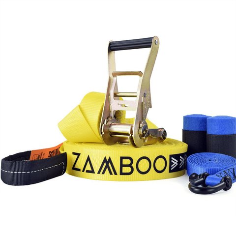 Slackline Zamboo Kit Actionline 20m X 50mm Amarelo com Catraca Reforçada, Backup e Protetores Suport