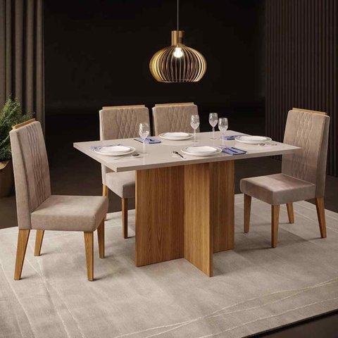 Mesa de Jantar Aura 120x90 Carvalho Europeu/creme e 4 Cadeiras Elen Veludo Kraft Dj Móveis Aura e El
