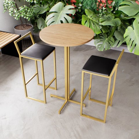 Jogo Mesa Alta Bistrô Redonda Pinus 2 Banquetas Confort Estofado Confort Industrial Dourado Don Cast