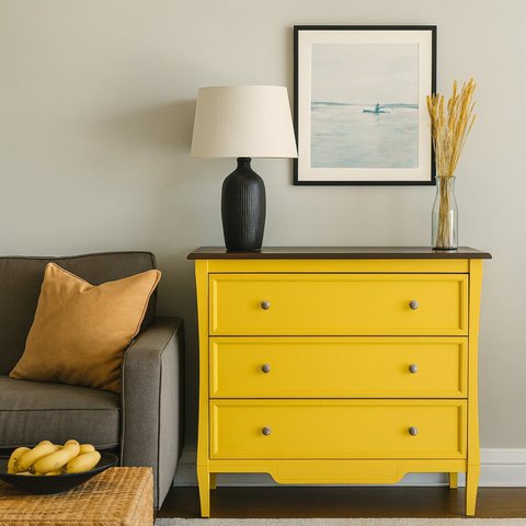 Cômoda para Quarto em MDF 3 Gavetas Amsterdã Amarelo/Amêndoa