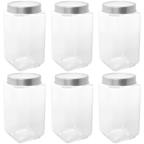 Kit 6 Potes de Vidro 1,7l Tampa Metal Lyor Gastro Prata Porta Mantimentos Retangular