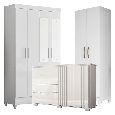 Guarda Roupa com Espelho Infantil Madri com Cômoda Texas e Armário Multiuso New Íris Branco