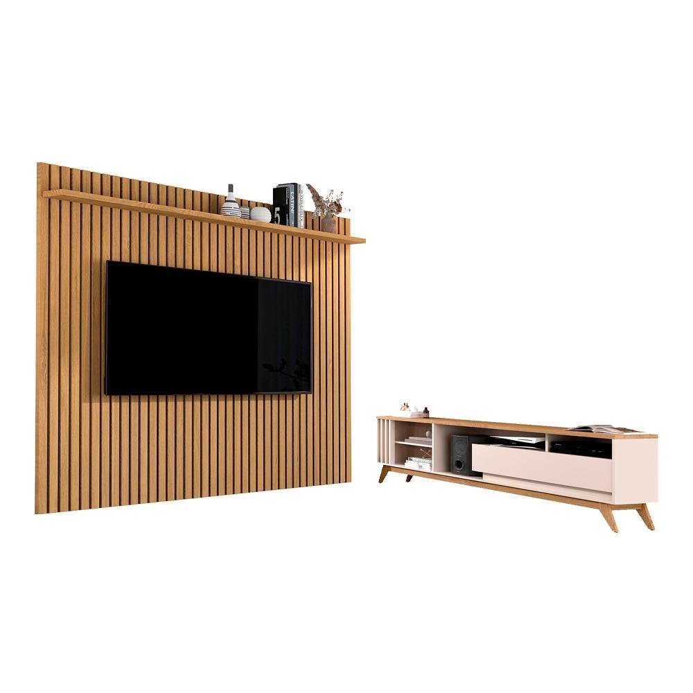 Conjunto de Painel Ripado e Rack Catedral Cumaru Off White | MadeiraMadeira