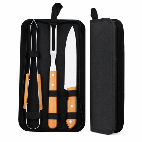 Kit Churrasco 3 Peças Aço Inox Cabo Madeira com Estojo Portátil