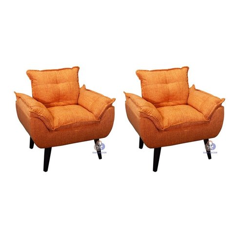 Kit 02 Poltrona/cadeira Decorativa Glamour com Pés Quadrado Laranja Linho
