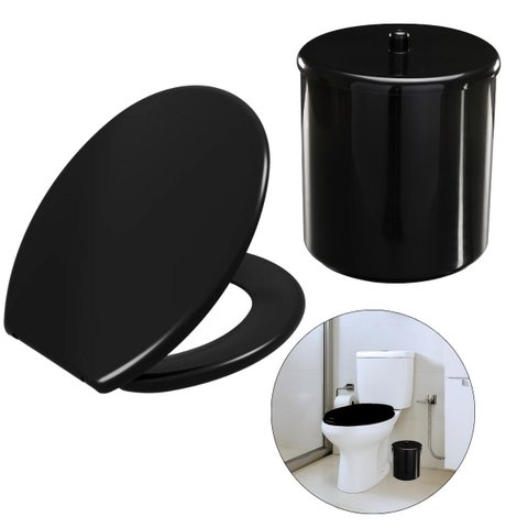 Assento Vaso Sanitário Tampa Oval Soft Preto + Lixeira Preta 6l Redondo com Tampa