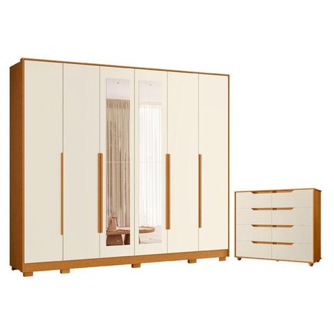 Guarda Roupa Casal Mercure com Espelho 6 Portas e Cômoda Doble 08 Gavetas Cinamomo Off White Flex