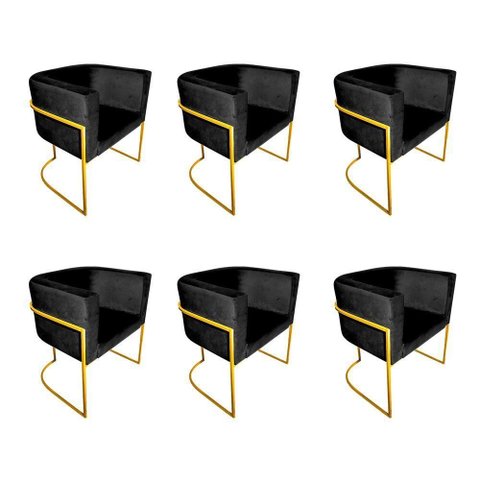 Kit 6 Poltronas Decorativa Sala de Estar Base de Ferro Dourada Veludo Preto